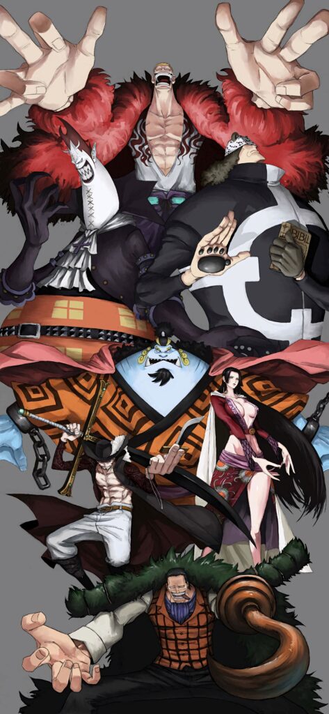 One Piece wallpaper with Doflamingo Kuma Hancock and Edward Newgate in vibrant anime style
