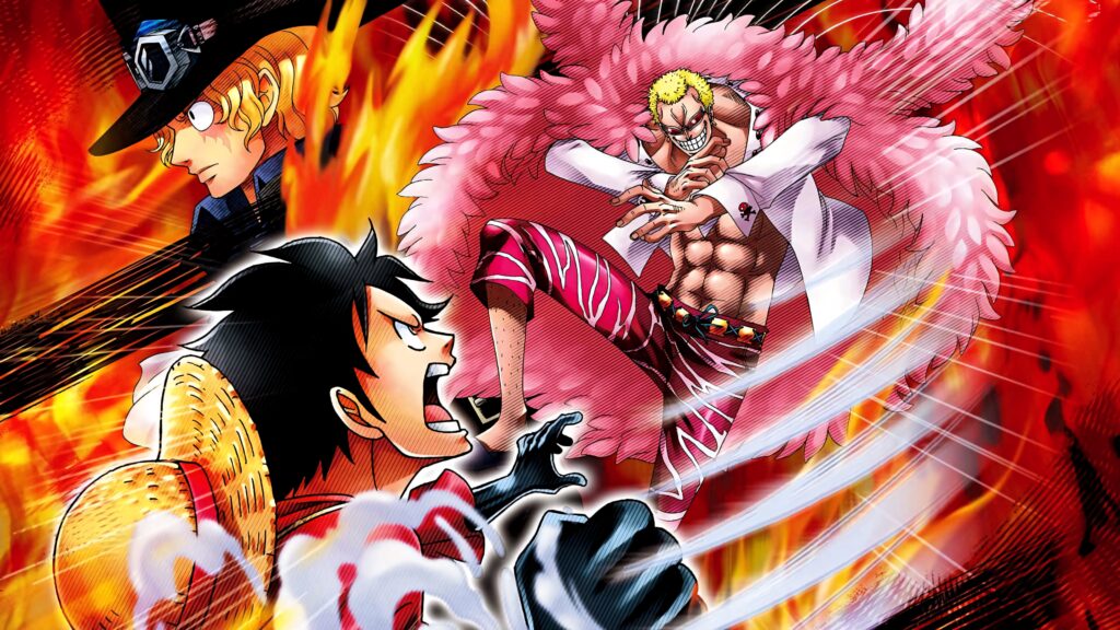 Monkey D Luffy Sabo and Donquixote Doflamingo in intense One Piece action with flames and bold effects Wallpaper