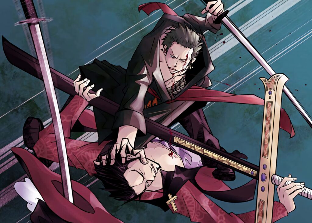 Roronoa Zoro and Dracule Mihawk clashing swords intense One Piece anime wallpaper background