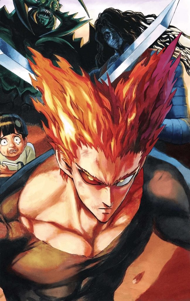 One Punch Man wallpaper featuring Garou Hero Hunter with flaming hair and monsters background