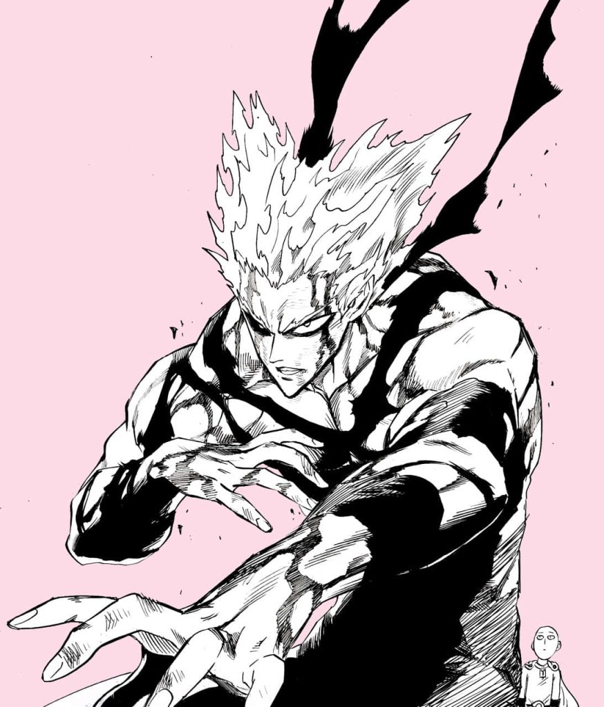One Punch Man wallpaper with fierce Garou monster form and chibi Saitama on pastel pink background