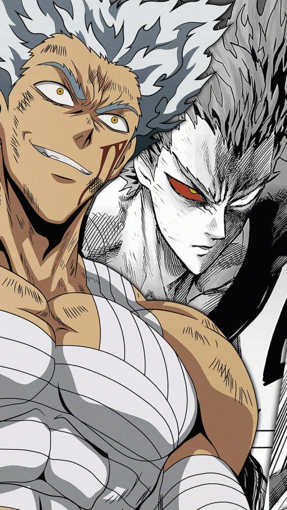 Dynamic One Punch Man Garou wallpaper duality vibrant and monochrome with intense red eyes