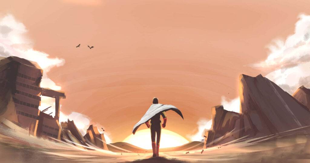 Epic Saitama Wallpaper: One-Punch Man in Fiery Post-Apocalyptic Scene