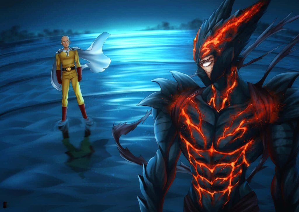 One Punch Man wallpaper featuring Saitama facing fiery Monster Garou on reflective blue surface