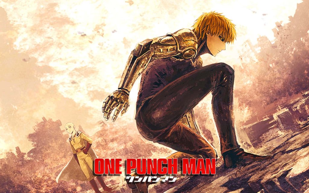 One Punch Man wallpaper with Genos crouching and Saitama in a sunlit ruined landscape