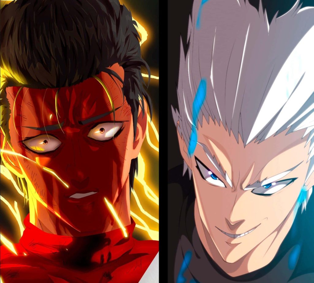 One Punch Man wallpaper Metal Bat red aura Garou blue power anime battle rivals split-screen