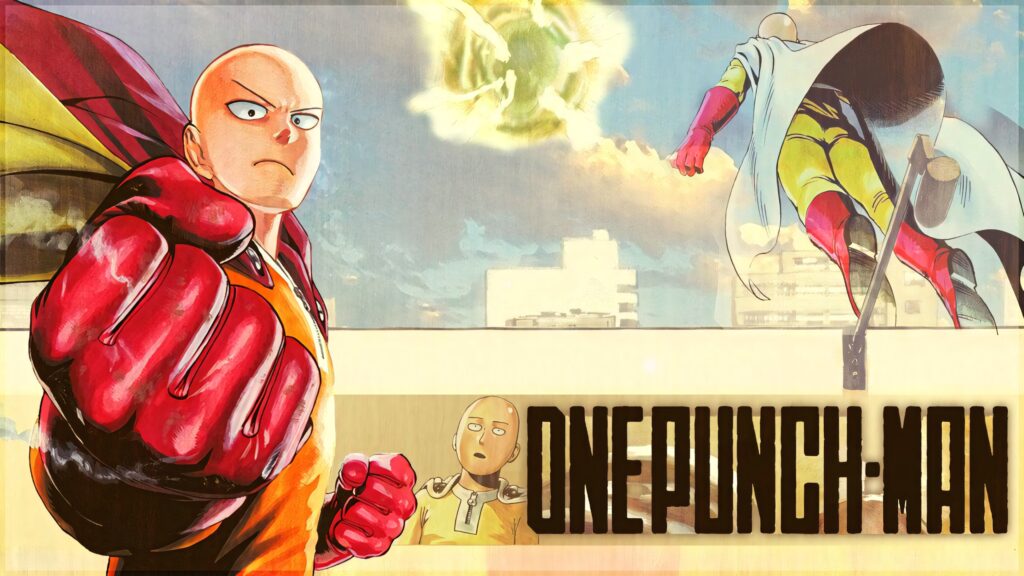 Dynamic Saitama Wallpaper: Serious Pose & Vibrant Costume Backdrop