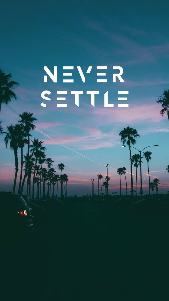 OnePlus Never Settle wallpaper with palm tree silhouettes and purple blue dusk sky gradient background