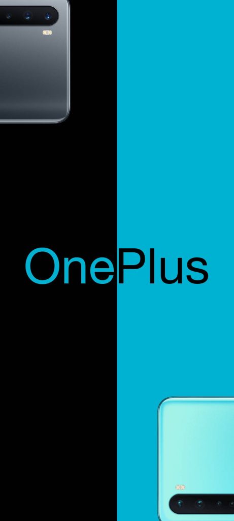 Minimalist OnePlus Nord wallpaper with black and cyan split featuring logo and camera modules