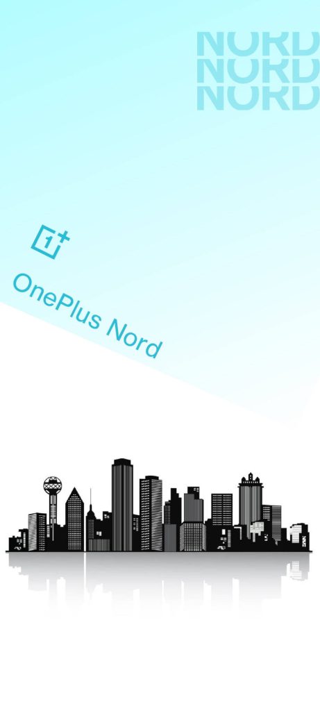 OnePlus Nord wallpaper with light cyan gradient and Dallas skyline silhouette featuring Reunion Tower