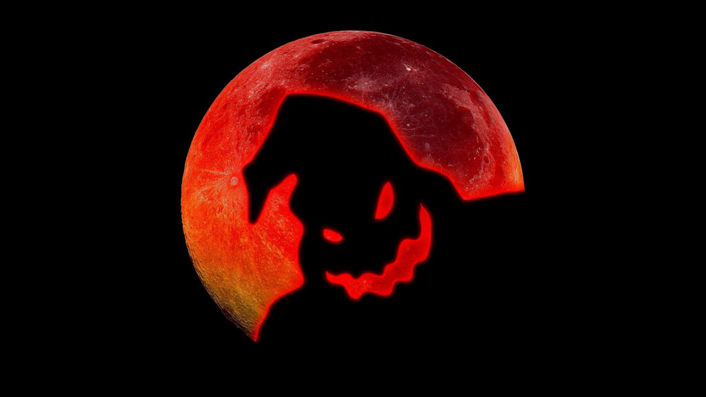 Eerie Oogie Boogie Silhouette Wallpaper with Red Moon Background