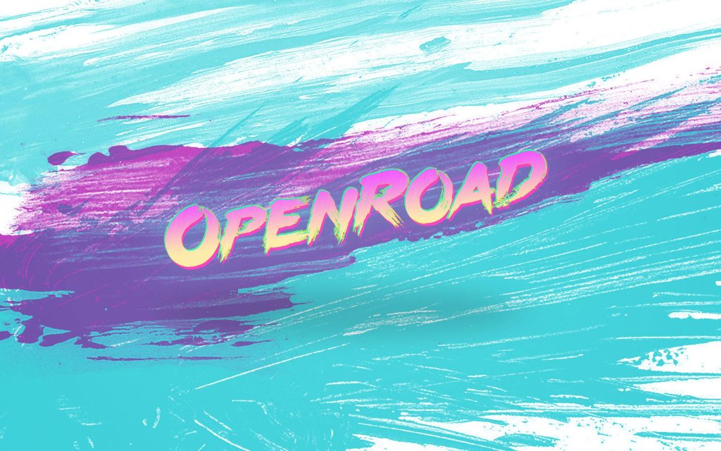 Nostalgic 90s OPENROAD wallpaper with yellow-orange text and teal white purple brushstroke background