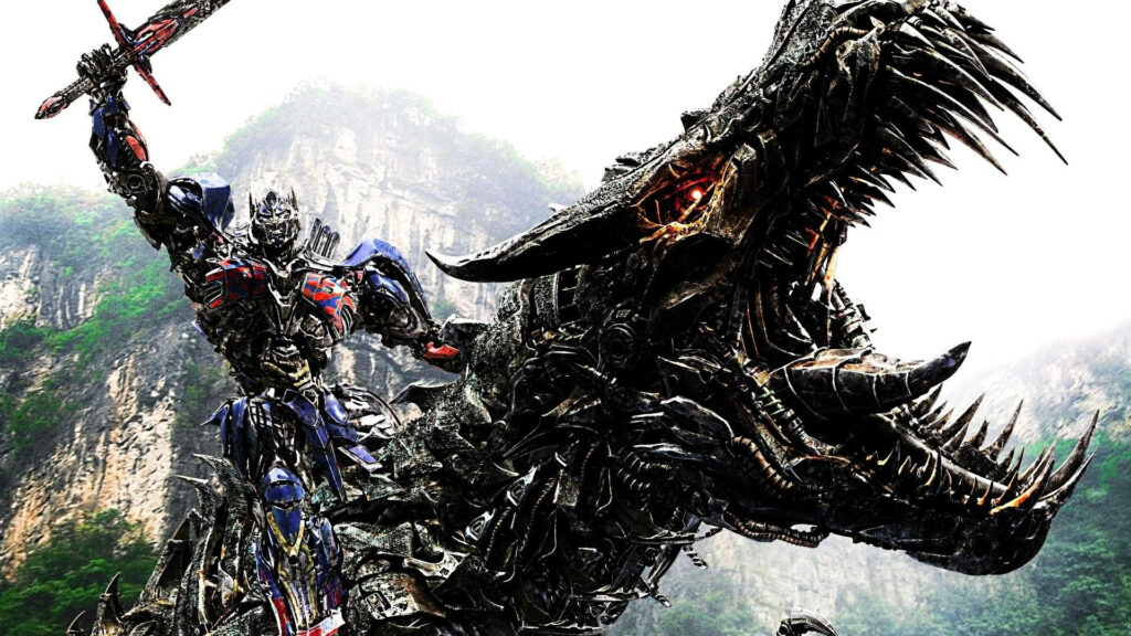 Riding into the Age of Extinction: Optimus Prime and Dino-bot Conquer the Mountains Wallpaper