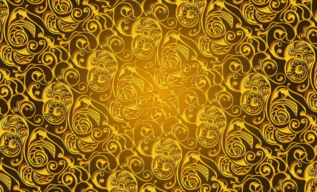 Opulent gold scrollwork wallpaper with intricate 3D metallic filigree and elegant swirl motifs