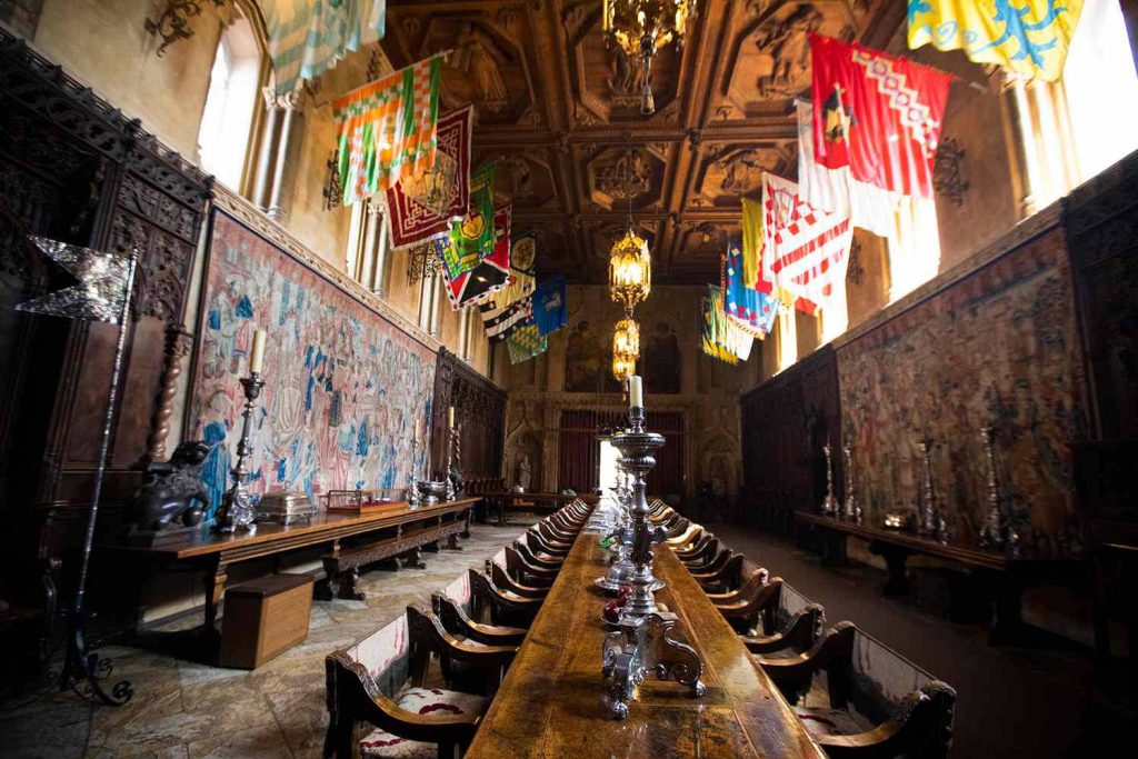 Hearst Castle historic Refectory ornate ceilings tapestry walls medieval banners banquet table Wallpaper