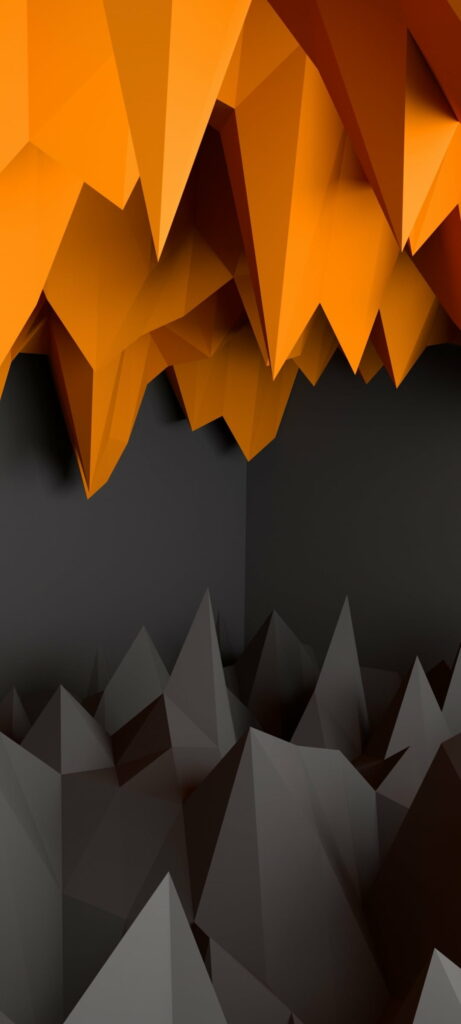3D AMOLED wallpaper with vibrant orange geometric stalactites on deep black rocky abyss background