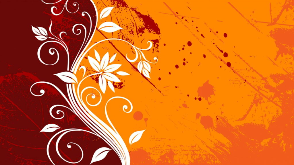 Orange Burst of Floral Grunge: HD Wallpaper Background with Vector Graphics and Leaf Accents