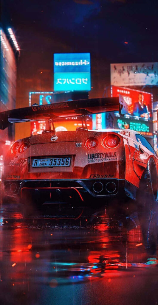 Orange Nissan R35 GTR with Liberty Walk kit on wet city street at night with neon lights reflection Wallpaper
