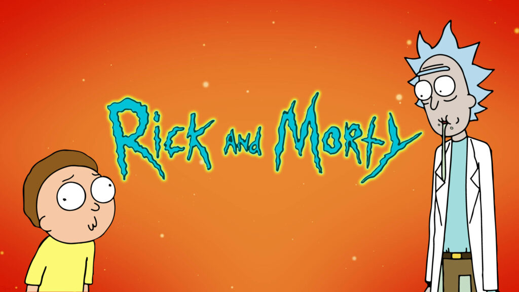 Rick and Morty wallpaper with duo on bold orange background and stylized logo high resolution