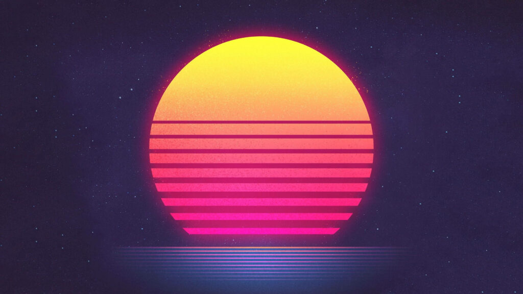 Galactic Tranquility: Orange-Pink Moon in Outrun Video Game's Cyber Universe Wallpaper