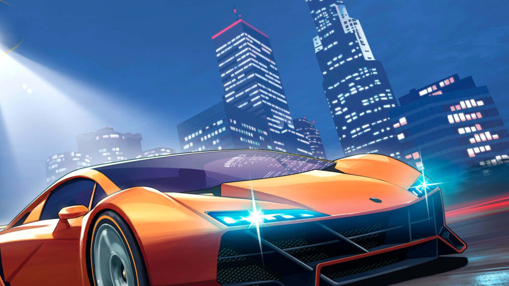 Orange sports car speeding through vibrant GTA V cityscape at night wallpaper background