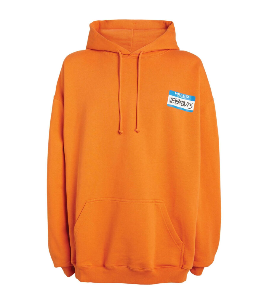 Orange Vetements hoodie wallpaper with front pocket drawstring hood and Hello my name label