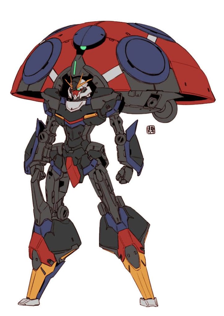Digital art of Orbeetle Gundam fusion with V-fin mech and red blue shell wallpaper background