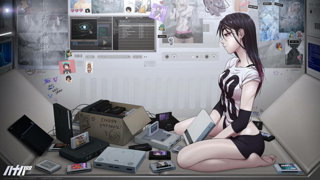Anime-style cozy gamer room with young woman retro consoles cartridges and tech gear Wallpaper