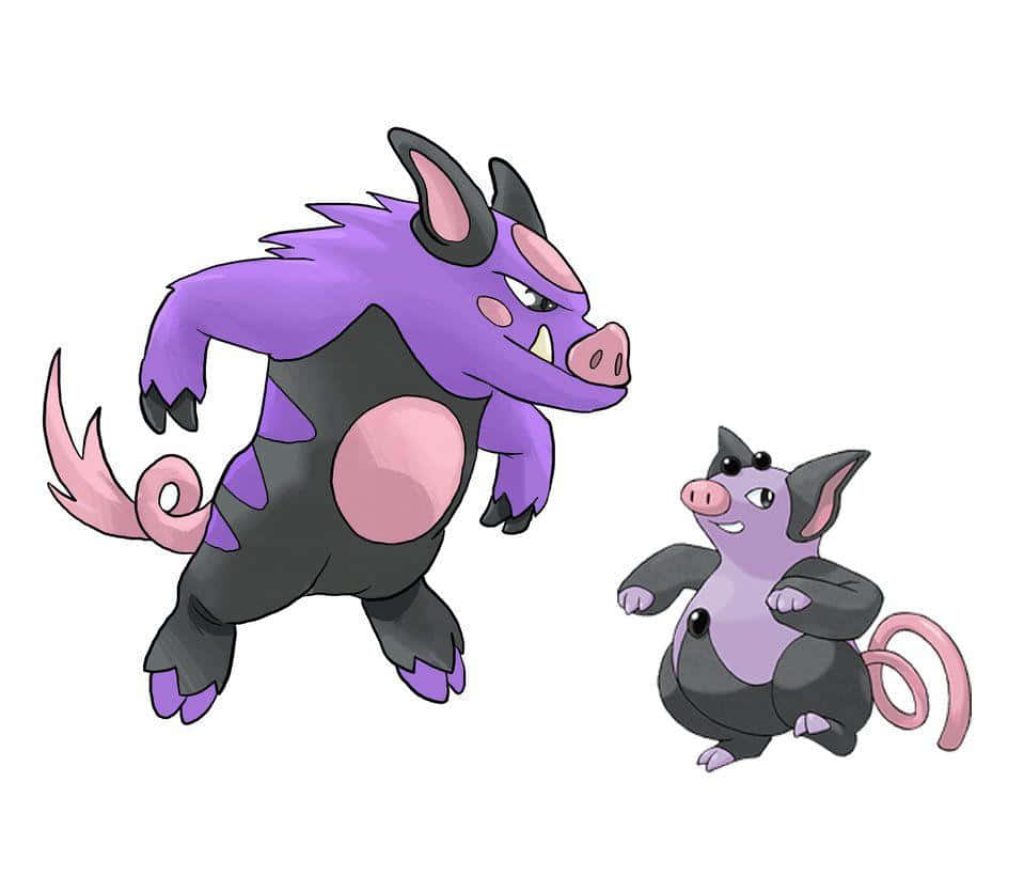 Creative wallpaper of original Pokémon Grumpig and fan-designed larger evolution in purple tones