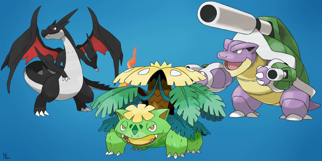 Charizard Venusaur and Blastoise original starter Pokemon in dynamic poses on blue background Wallpaper