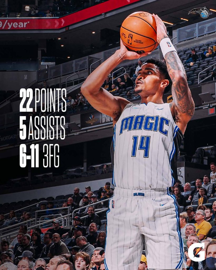 Orlando Magic Gary Harris mid-jump shot basketball wallpaper with 22 points and 3-point stats