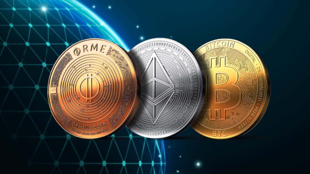 Wallpaper with Ormeus Coin Ethereum Bitcoin crypto coins on glowing blue earth digital grid background