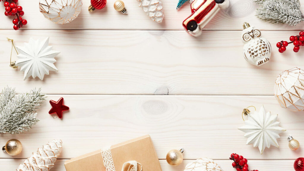 Festive Holiday Decor Flat Lay Wallpaper for Tumblr Computer - Light Wood Background