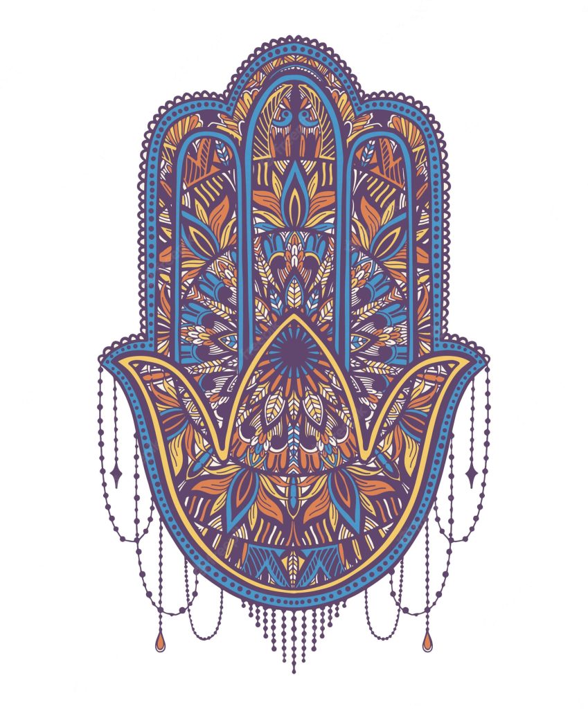 Ornate Hamsa hand wallpaper with vibrant mandala patterns and hanging bead details background