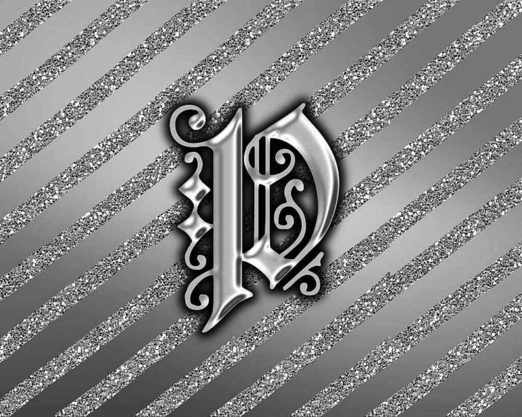 Ornate Metallic Letter P Wallpaper on Silver Striped Background
