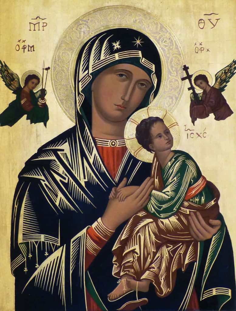 Byzantine icon of Our Lady of Perpetual Help with Virgin Mary Child Jesus angels gold background wallpaper