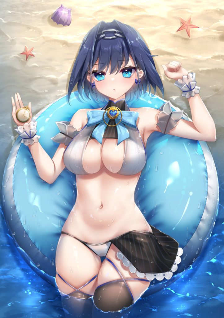 Hololive anime wallpaper of Ouro Kronii floating on blue ring in sunny ocean with swimsuit and starfish