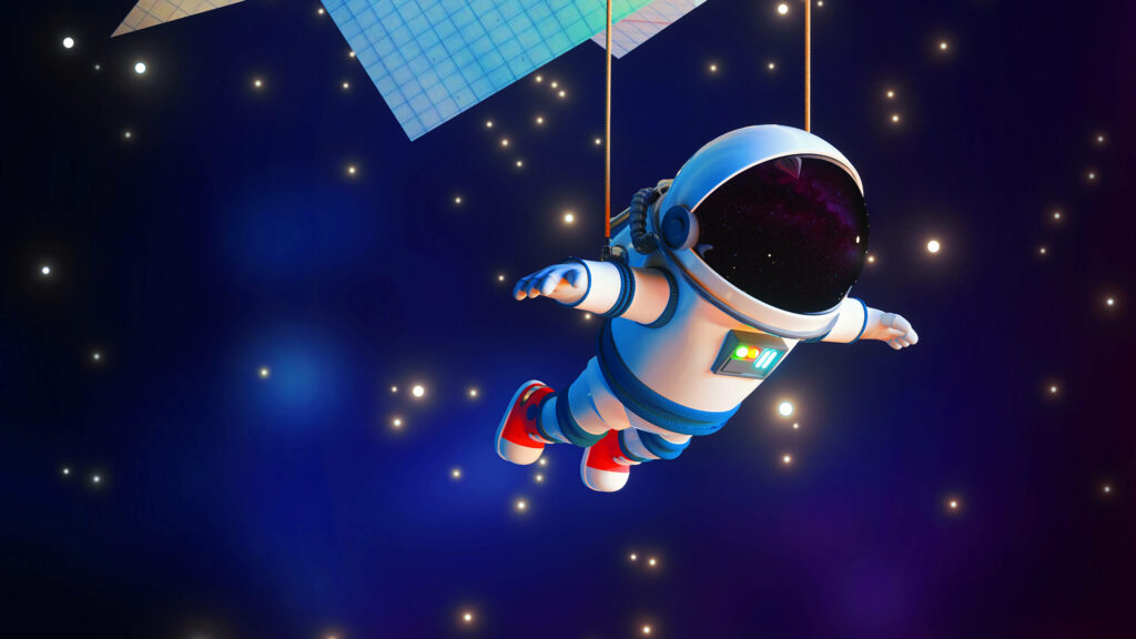 Space Bound: Cartoon Astronaut Hanging from Satellite in 3D Wallpaper Background in UHD 4K 3840x2160 Resolution