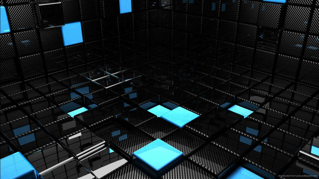 Futuristic Glow: A Striking 3D Room Adorned with Brilliantly Lit Black and Blue Cubes - Immersive Full  Background Photo Wallpaper