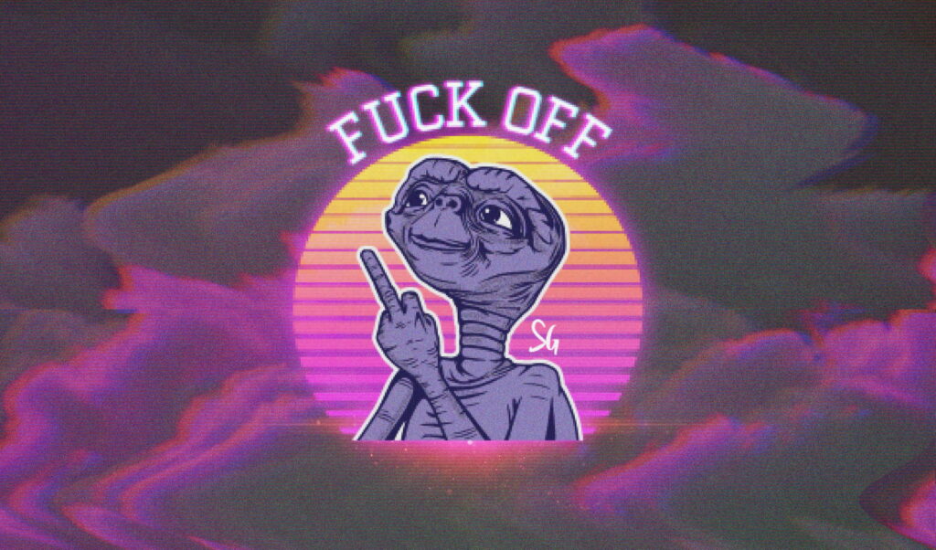 4K retro wave wallpaper of E.T. giving middle finger synthwave sunset purple pink glitch art