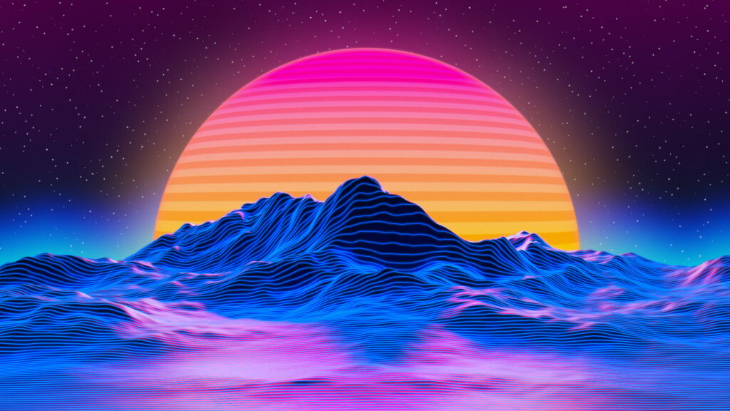 Retro-futuristic OutRun wallpaper with neon sun wireframe mountains starry sky synthwave background