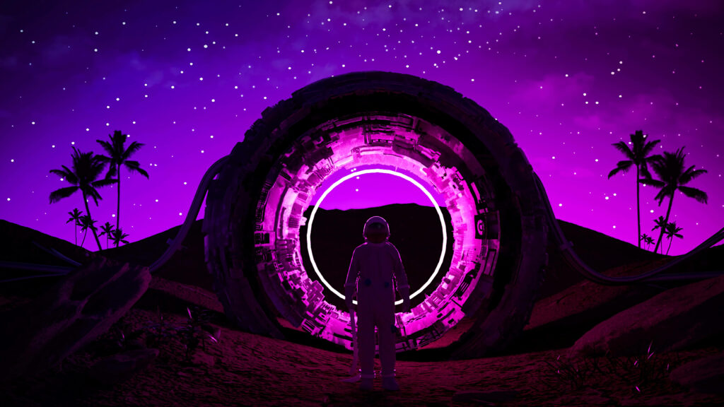 Extraterrestrial Encounter: Astronaut Enigmatic in Neon Glow amidst a Stellar Night Sky and Palm Oasis Wallpaper