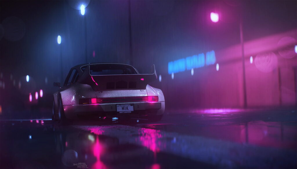 Customized Porsche 911 on rainy neon-lit street with pink blue reflections cinematic wallpaper