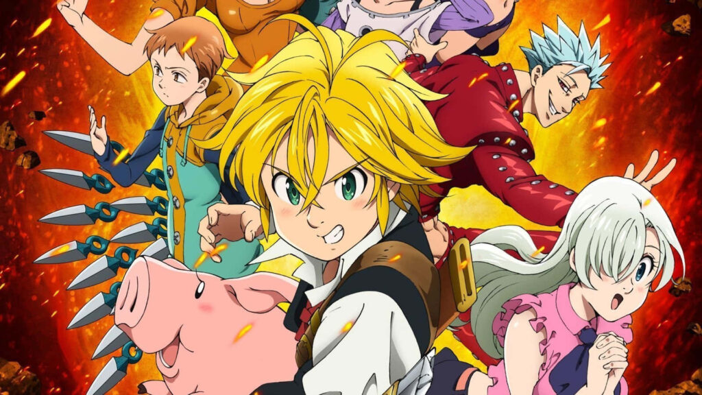 Overcome the Seven Deadly Sins anime wallpaper with main characters in dynamic battle poses