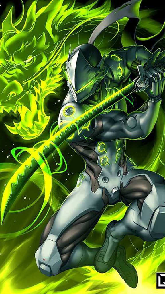 Genji Overwatch wallpaper with glowing green Dragonblade and fierce cyborg ninja stance