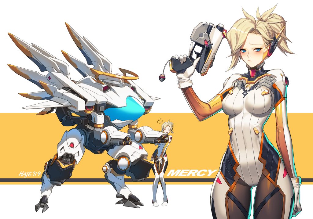 4k Overwatch wallpaper Mercy anime style Caduceus Blaster chibi Valkyrie mech bright design