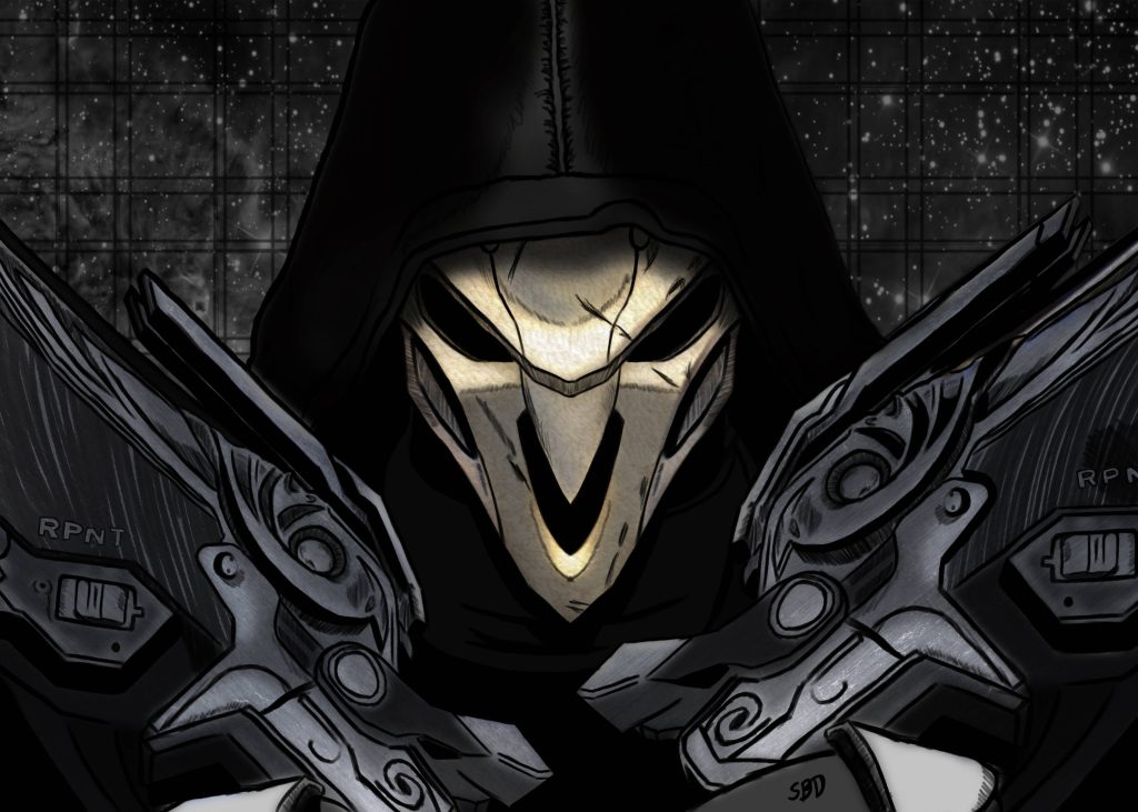 Overwatch Reaper 4k wallpaper with hooded skull mask and dual shotguns in cosmic background