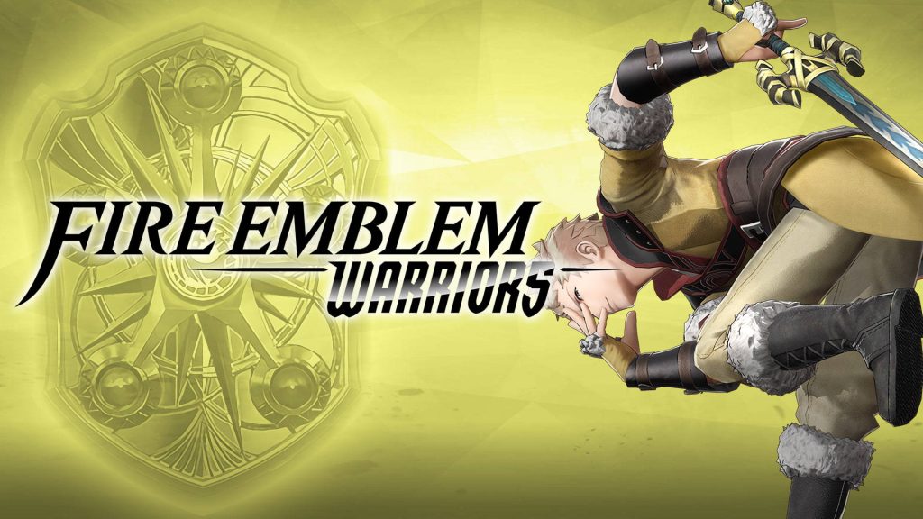 Owain from Fire Emblem Warriors striking dramatic pose on vibrant golden wallpaper background