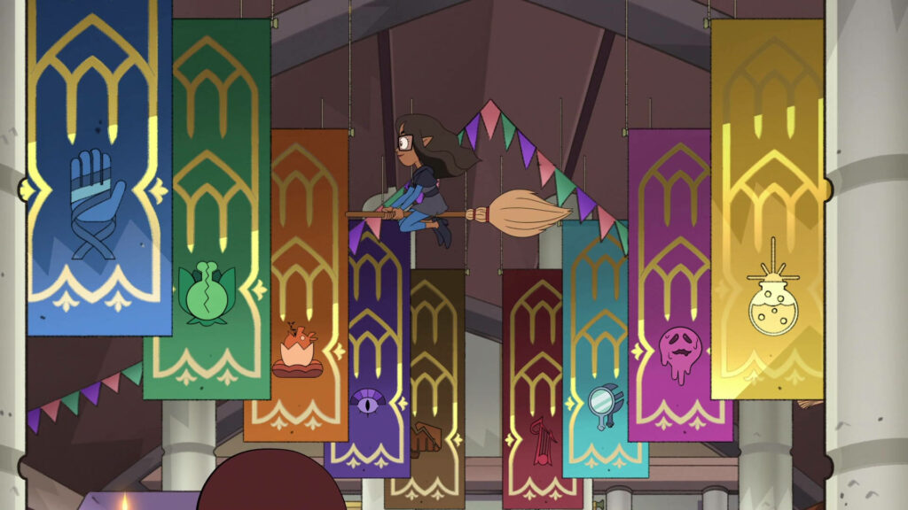 Owl House Wallpaper: Character Flying on Broomstick in Colorful Hall