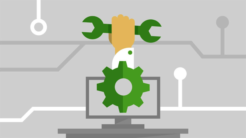 PC Maintenance Wallpaper: Wrench, Gear & Monitor Design